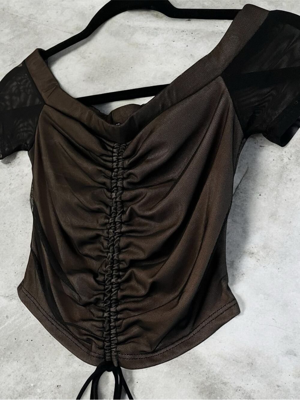 Ruched Brown Mesh Women’s Top